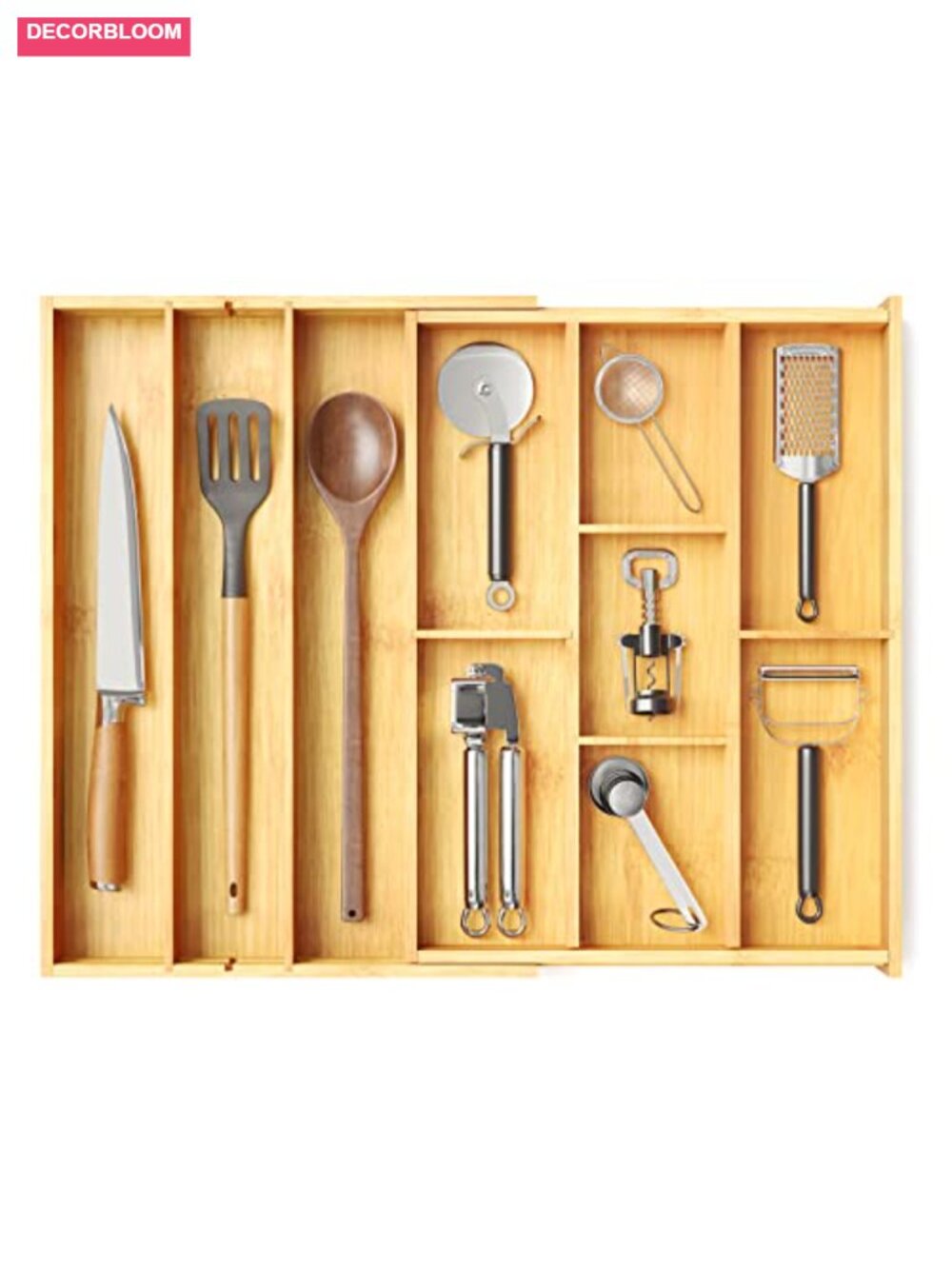Bamboo Expandable Utensil Drawer Organizer Tray With Labels 6 Compartments